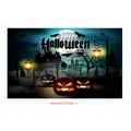 Polyester Halloween backdrop with glowing pumpkins, castle, bats, and Happy Halloween text - 180cmx110cm / Poster Style 004