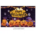Halloween party backdrop featuring Happy Halloween text and five cartoon jack-o'-lanterns - Poster Style 007