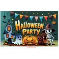 Halloween party backdrop with pumpkins, skeletons, and ghosts in 2D cartoon style - Poster Style 022