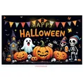 Halloween backdrop featuring cute pumpkins, ghosts, and skeletons with a dark castle scene - Poster Style 023