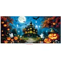 Halloween backdrop with haunted castle, pumpkin, ghost, and bats for party decoration - Poster Style 025