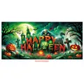 Fluorescent green Halloween banner with skeleton, pumpkin, and Happy Halloween text - Poster Style 026