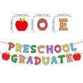 Preschool Graduate glitter banner party decoration with colorful letters and apple designs - Preschool Graduate Banner