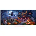 Halloween wall tapestry featuring a haunted house, pumpkins, and a witch in 488x210 cm - Poster Style 030