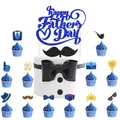 Blue Happy Father's Day cake topper set with glitter letters and mustache toppers - Main Topper And Cupcake Toppers Combo (fq062) / Blue/Black