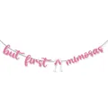 Pink glitter 'but first mimosas' party banner with sparkling champagne glass icons - Pink