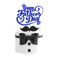 Blue glitter Happy Father's Day cake topper set with mustache decor on tuxedo cake - Main Topper And Moustache Design (fq062) / Blue Glitter