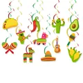 Mexikanische Fiesta Party Hängedekoration mit Kaktus und Taco Motiven - 12er Set