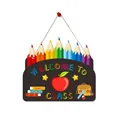 Detail view of Welcome to Class sign featuring colorful pencils, books, and apple design - Blackboard Style Welcome - Stationery Books (Style B)