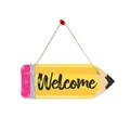 Yellow pencil-shaped wooden Welcome sign with pink eraser and hanging string decoration - Pencil Shape Welcome (Style C)