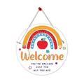 Detail view of round Welcome sign featuring rainbow pencils and motivational quote - Round Inspirational Welcome - Apple Pencil (Style D)