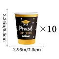 Detail of 2024 graduation paper cups with gold foil lettering and 8.5cm height dimensions - Black Gold Graduation Theme Paper Cup