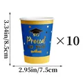 Detailed dimensions of 10-piece graduation paper cups featuring 'So Proud of You' text - Blue Gold Graduation Theme Paper Cup