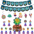 Complete Happy Diwali party decoration set with banners, hanging swirls and cake toppers - Blue Diwali Decor Set 3