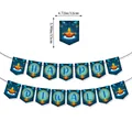 Blue Happy Diwali party banner with gold oil lamp patterns and bunting dimensions - Blue Diwali Banner