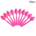 Set of 10 hot pink plastic party spoons arranged in a fan shape on a white background - Rose Red Spoon