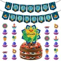 Detail of Happy Diwali banner and peacock cake toppers for Hindu festival party decor - Blue Diwali Decor Set 1