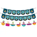 Detail of Happy Diwali banner featuring dark blue letter flags and colorful Diya cutouts - Blue Diwali Banner Garland Set