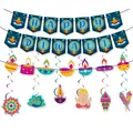 Deep blue Happy Diwali banner with hanging swirls featuring Ganesha and Diya lamp motifs - Blue Diwali Banner Garland Swirls Set