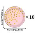 Détail d'assiettes en papier rose de 23,8 cm à pois dorés, lot de 10 pièces - Assiette En Papier Rose Or À Pois Grande Taille
