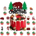 Christmas cake topper set with Merry Christmas sign and red plaid bear on white background - Christmas Plaid Large and Small Toppers