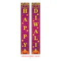 Purple Happy Diwali banner with traditional diya lamps and marigold flower decorations - Purple Text Blessing Style (Diwali Couplet 005)