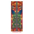 Close-up of Diwali porch banner with peacock and golden flower patterns on red polyester - Red Gold Flower Cyan Peacock Style (Diwali Couplet 007)