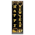 Black and gold Happy New Year porch banners with festive fireworks and clock motifs - New Year Design 001