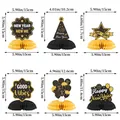 6pcs Gold and Black 2025 New Year Honeycomb Centerpieces with Glitter Stars and Balloons - New Year Honeycomb Ornament Style A