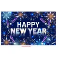 Close-up of Happy New Year banner with vibrant fireworks on dark blue background - 180x110cm / Dark Blue Fireworks Rocket (New Year Poster 004)