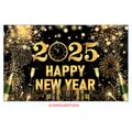 Macro shot of 2025 Happy New Year banner with fireworks and city skyline detail - Black Gold Skyline 2025 (New Year Poster 005)
