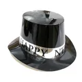 Detail of a glossy black New Year party top hat with a silver Happy New headband - Silver Band Top Hat / Silver