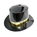 Close-up of black glossy New Year top hat with gold band and New Year lettering - Gold Band Top Hat / Gold