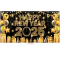 Macro detail of Happy New Year 2025 banner with golden clock and festive party elements - Black Gold Party Elements 2025 (New Year Poster 011)
