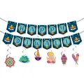 Diwali party decor set with Happy Diwali blue banner and colorful hanging swirls - Blue Diwali Banner Swirls Set