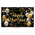 Detailed close-up of Black and Gold Happy New Year banner with glitter and balloons - Black Gold Snowflake Balloon (New Year Poster 012)