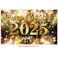 Close-up of 2025 Happy New Year party backdrop with fireworks and champagne graphics - Black Gold Fireworks Champagne 2025 (New Year Poster 013)