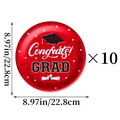 Red graduation party paper plates featuring Congrats Grad text and cap design 10pcs - Red Graduation Theme Large Paper Plate