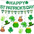 Detail of St. Patrick's Day party set with clover banners and green spiral hanging decor - St Patrick's Day Decoration Set Two
