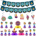 Diwali party decoration kit with Happy Diwali banner, hanging swirls and cake toppers - Blue Diwali Decor Set 4