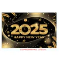 Detailed 210x150cm black and gold 2025 New Year backdrop with 3D clock and glitter motifs - Black Gold Number 0 Clock (New Year Poster 016)