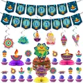 Blue Happy Diwali party decorations set with letter banner and floral hanging swirls - Blue Diwali Decor Set 5