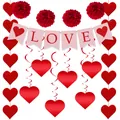 Close-up of Valentine's Day party set with pink LOVE banner and red honeycomb balls - LOVE Banner and Honeycomb Balls Set Style 1 (Gold Card)