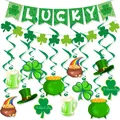 Detail view of St. Patrick's Day party hanging decorations with LUCKY banner and clover spirals - St. Patrick B Banner Garland Swirl Set 1 (Solid Color)