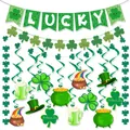 St. Patrick's Day decorations set with Lucky banner, shamrock garlands, and hanging swirls - St. Patrick B Banner Garland Swirl Set 3 (Dark & Light Green Glitter)