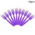 Set of 10 purple disposable plastic party forks arranged in a fan shape on white background - Purple Plastic Forks / Purple