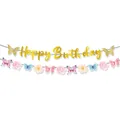 Happy Birthday Banner Gold mit Schmetterlingen und Blumen Dekoration für Geburtstag - Schmetterling Banner Und Girlande Set