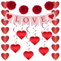Detail of Valentine wedding decor set with LOVE banner red paper flowers and heart swirls - LOVE Banner and Honeycomb Balls Set Style 4 (Glitter)