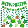 Detail of St. Patrick's Day party set with Lucky banner and green clover hanging swirls - St. Patrick B Banner Garland Swirl Set 2 (Solid Color)