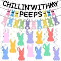 Easter Chillin' With My Peeps glitter banner with colorful bunny pompom swirls decorations - Banner And Rabbit Garland Swirls Combination
